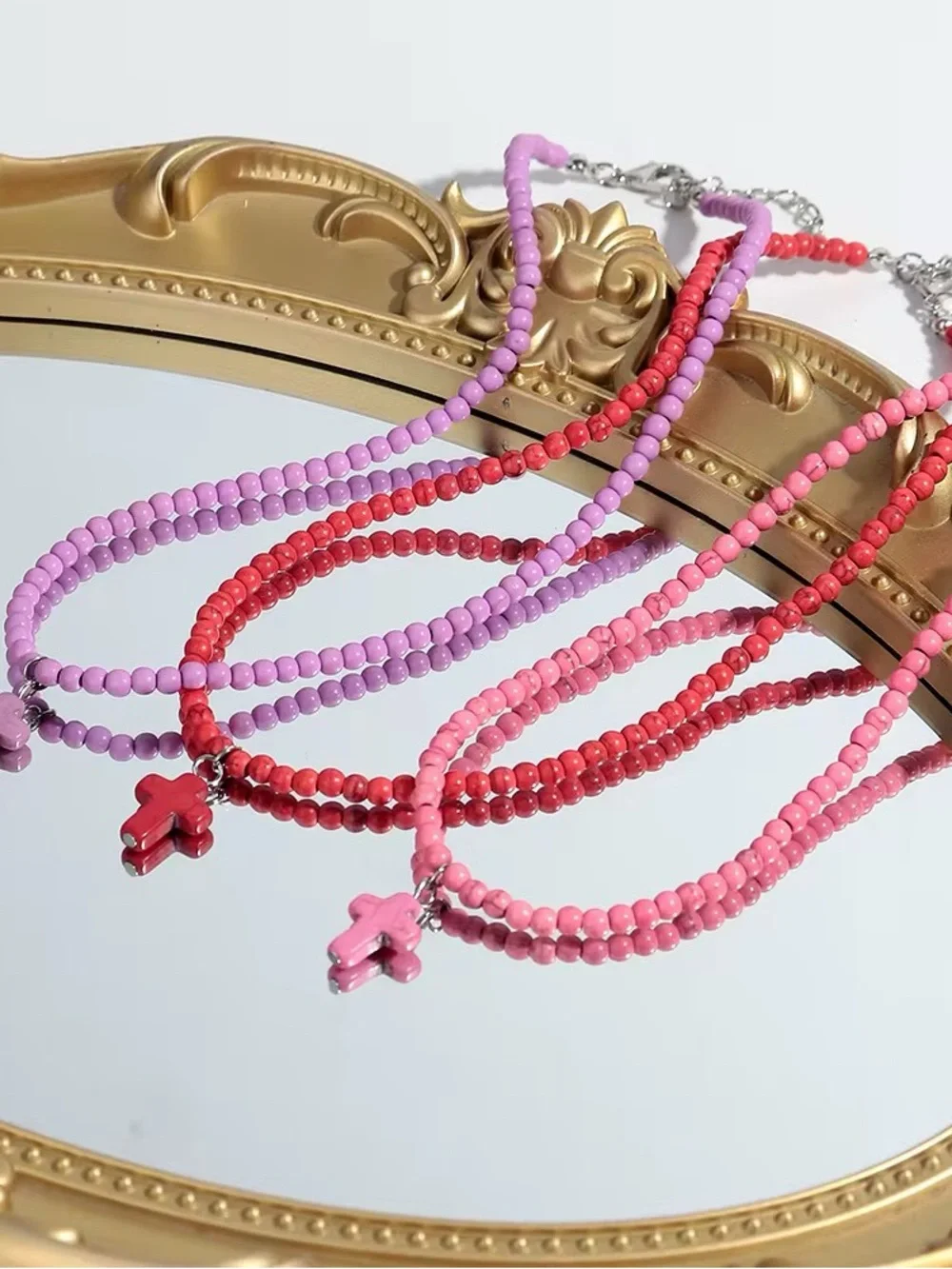 Red Beaded Cross Necklace - Women Jewelry